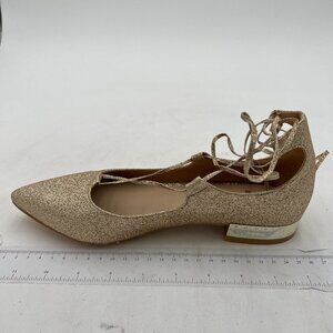 Gold Glitter Womens Pointy Toe Ankle Strap Wrap Ballet Flats Lace Up Flat Shoes